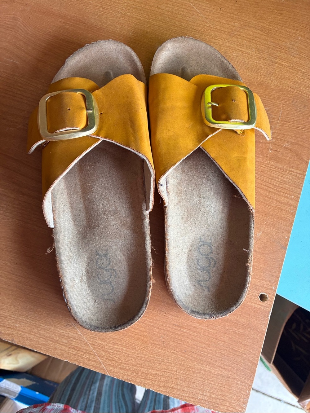 Sugar Zesty Women's Size 8 Yellow Mustard Cork Footbed Slide Sandals Big Buckle